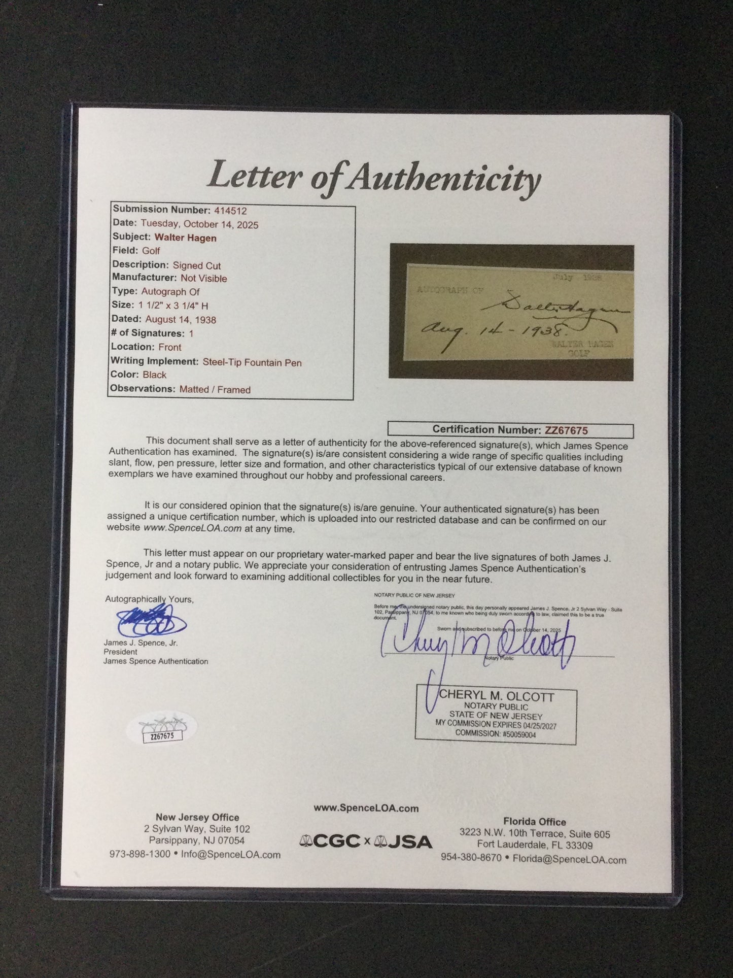 Walter Hagen SIGNED cut timestamped 8-13-38 in vintage Golf Frame HOF (d.1969) JSA LOA