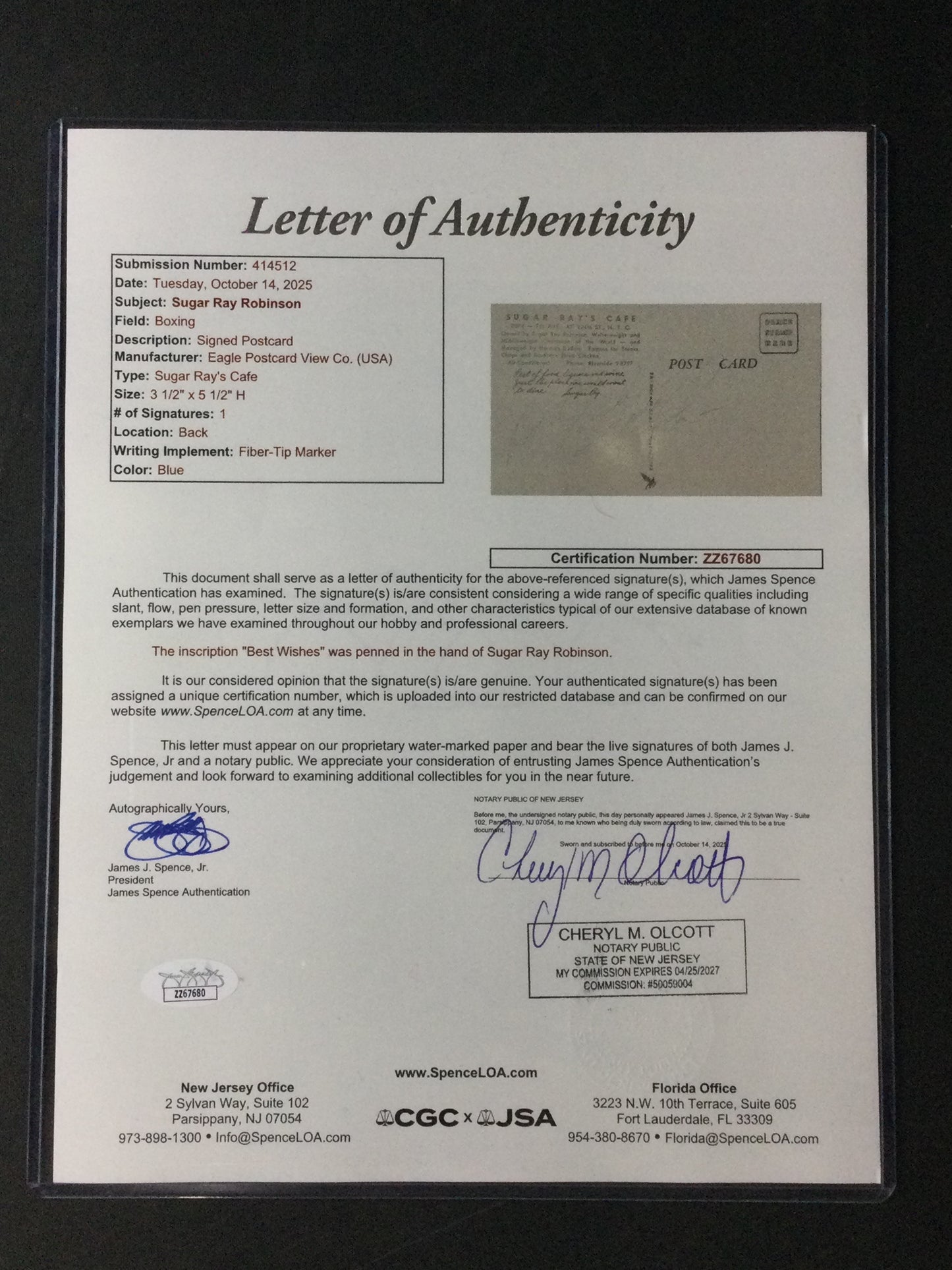 Sugar Ray Robinson Original 1950's Restaurant Postcard SIGNED JSA LOA BOXING HOF