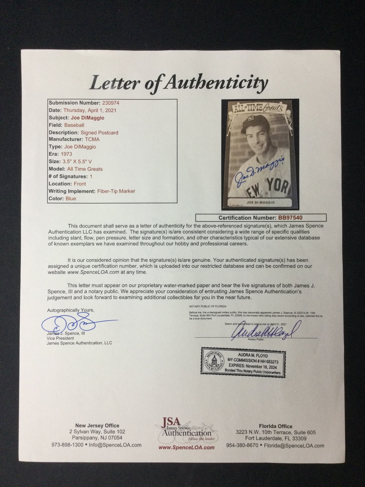 Joe DiMaggio 1973 TCMA All-Time Greats SIGNED Postcard JSA LOA MINT Auto