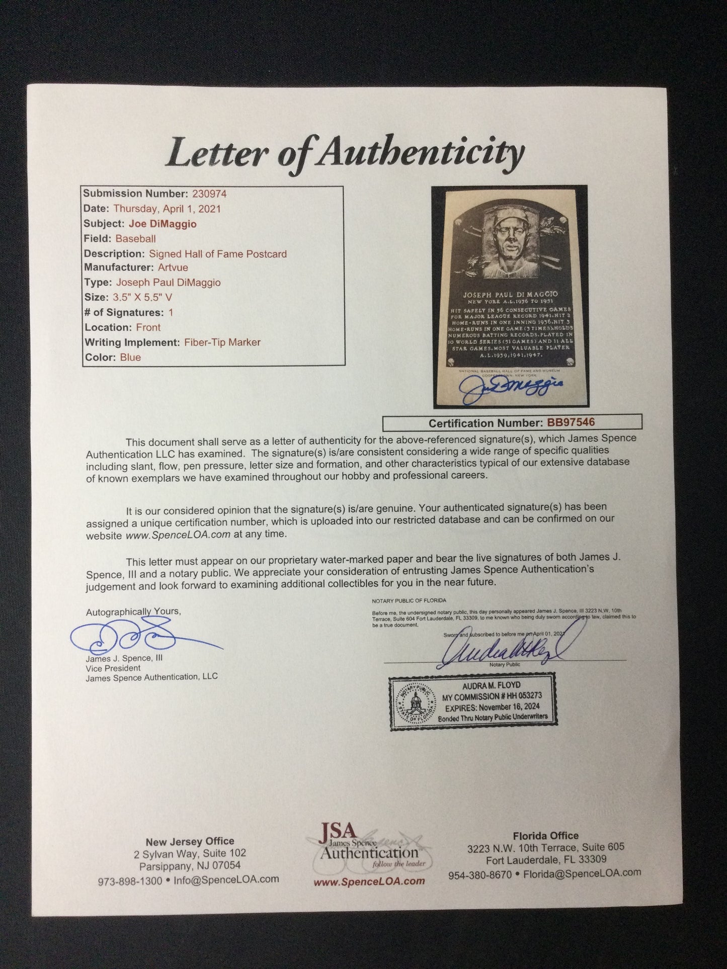 Joe DiMaggio Type 2 Hall of Fame Plaque Autograph JSA LOA New York Yankees