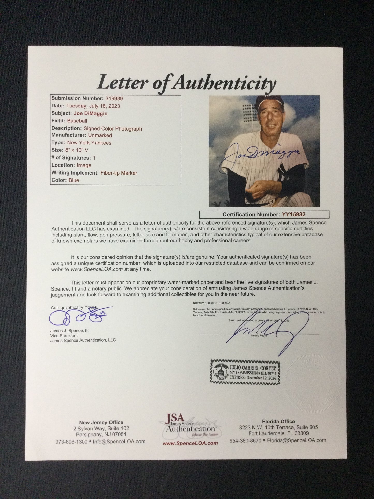 Joe DiMaggio 8x10 Photo Autograph JSA LOA New York Yankees HOF