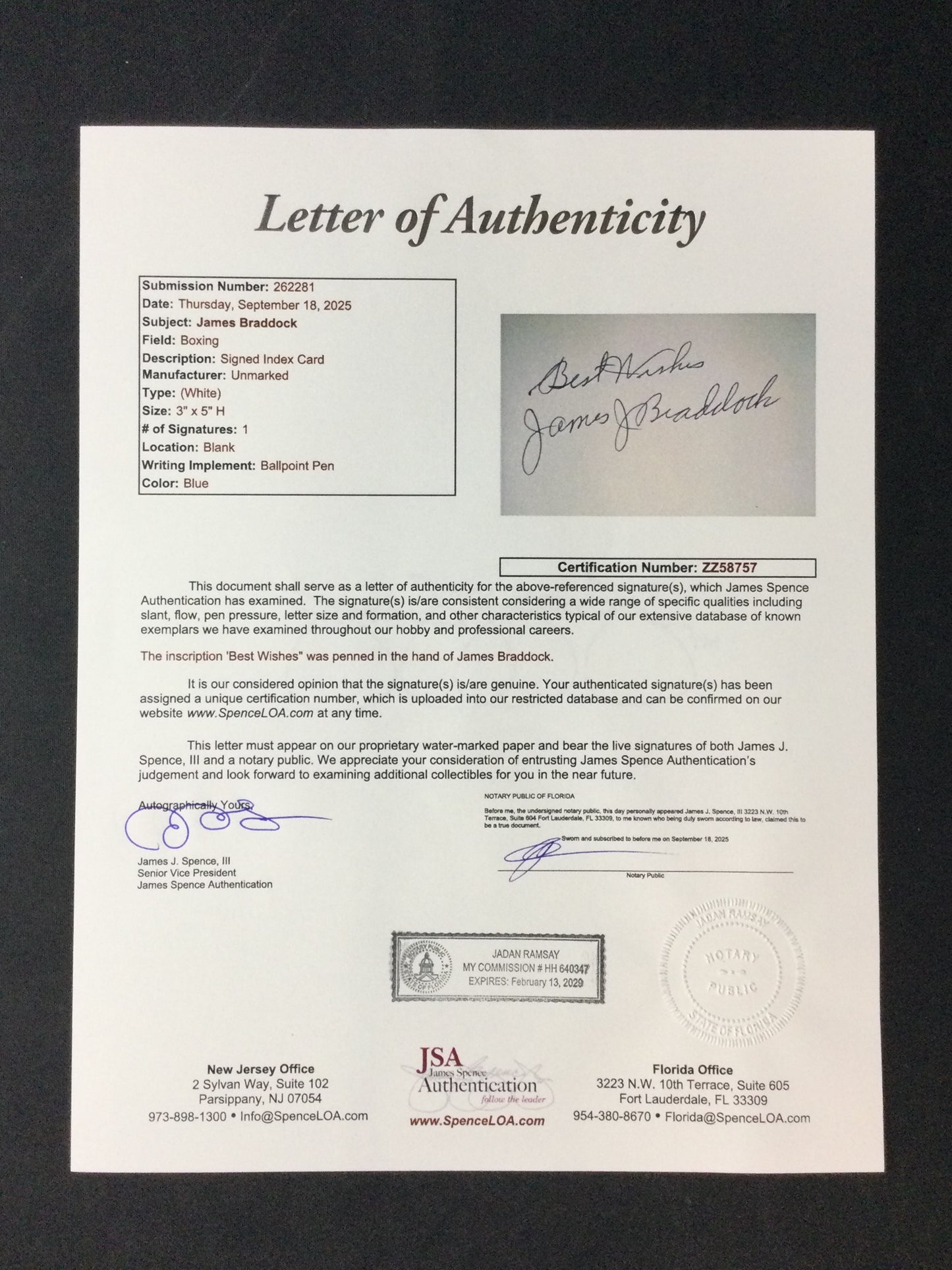 James Braddock SIGNED index "Best Wishes" Autograph JSA LOA Boxing HOF Cinderella Man