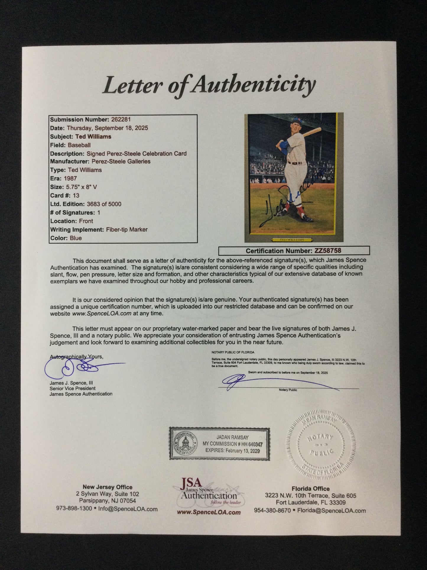 Ted Williams SIGNED Greatest Moments Perez Steele 5x8 Autograph JSA LOA Boston Red Sox HOF