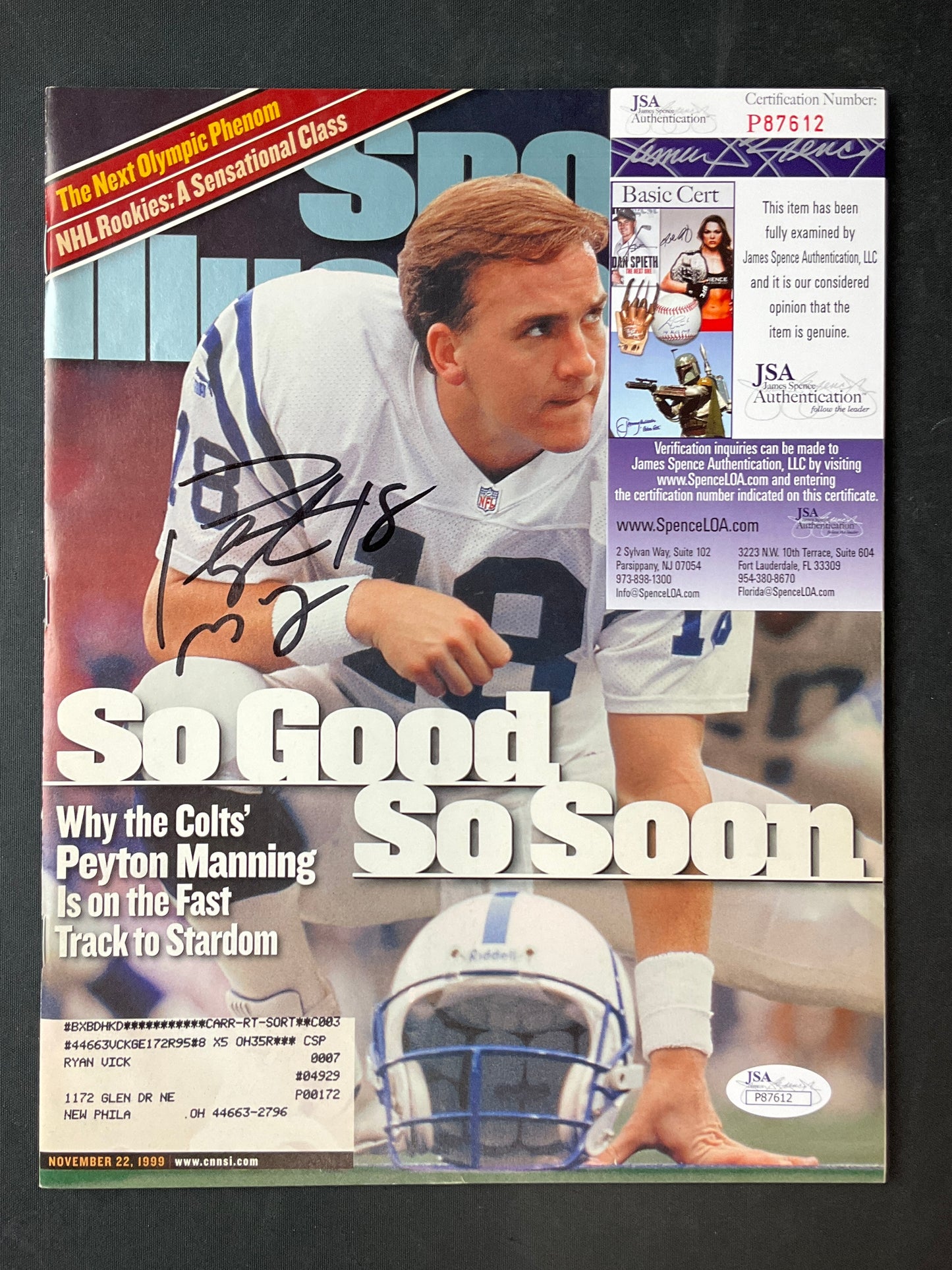 Peyton Manning Signed Rookie Sports Illustrated NFL JSA Certified Auto Indianapolis Colts