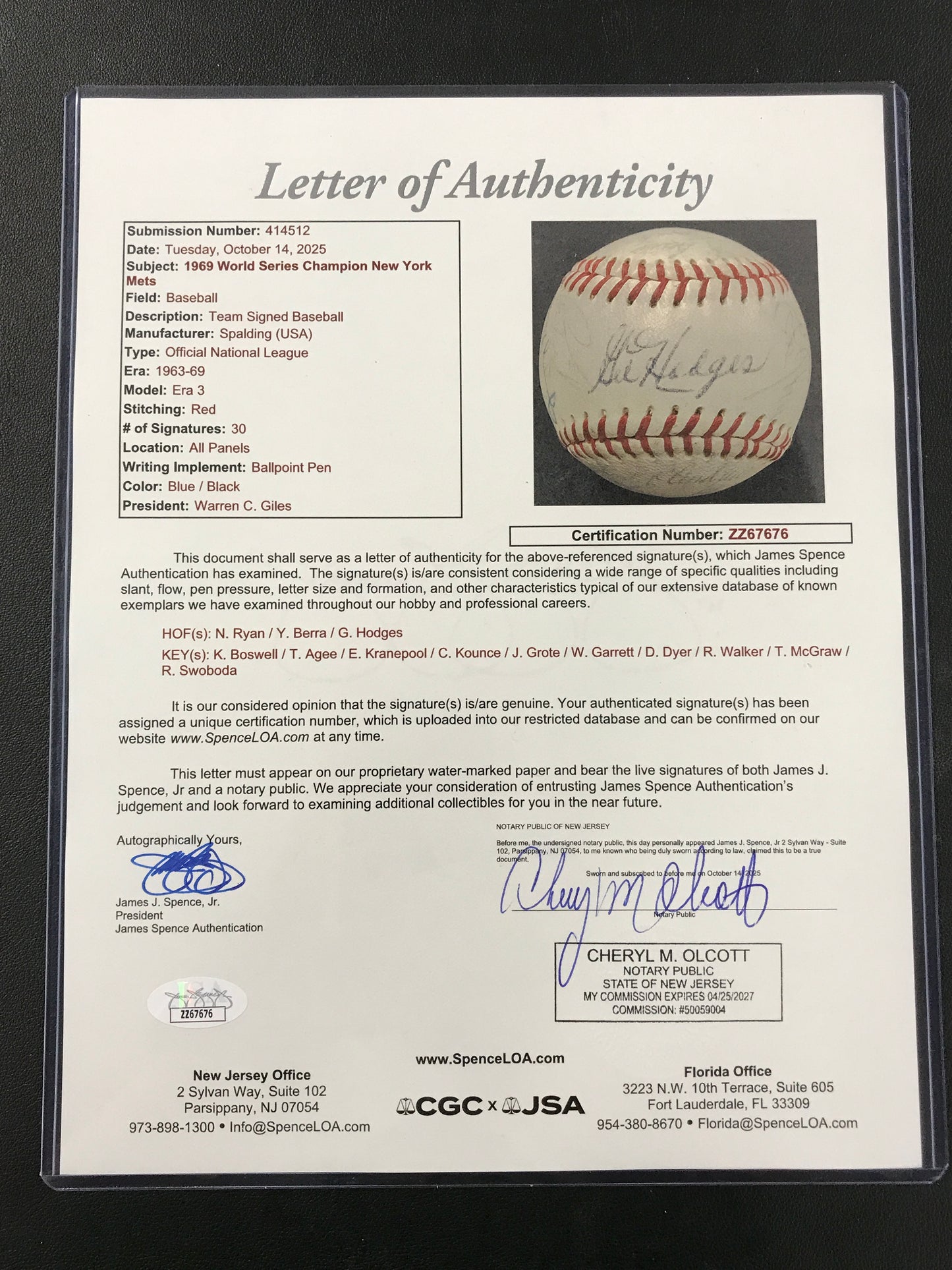 1969 New York Mets Team Signed Spalding Baseball Gil Hodges, Nolan Ryan, Berra, etc JSA LOA