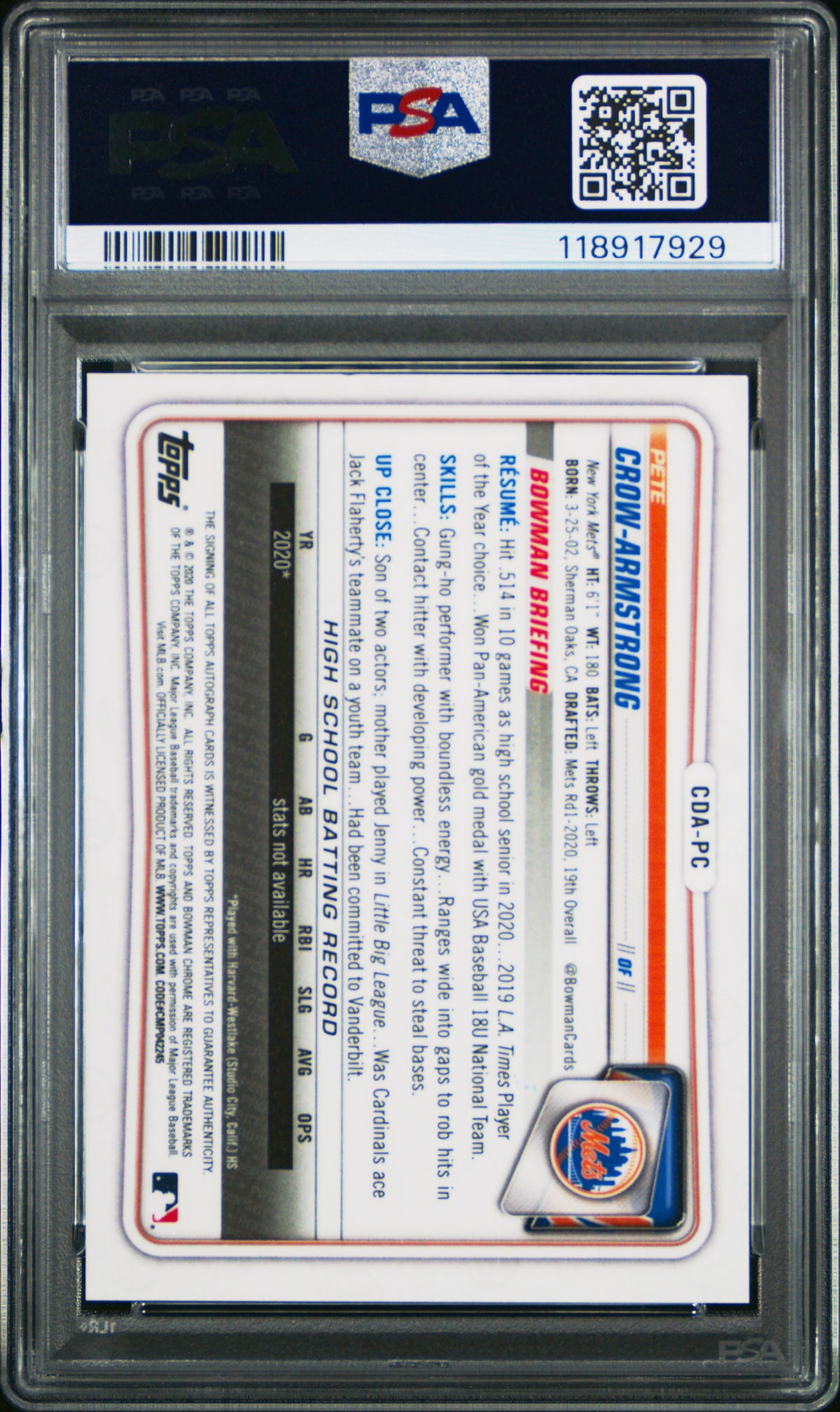 Pete Crow-Armstrong Green Refractor PSA 8 1st Bowman AUTO /99!
