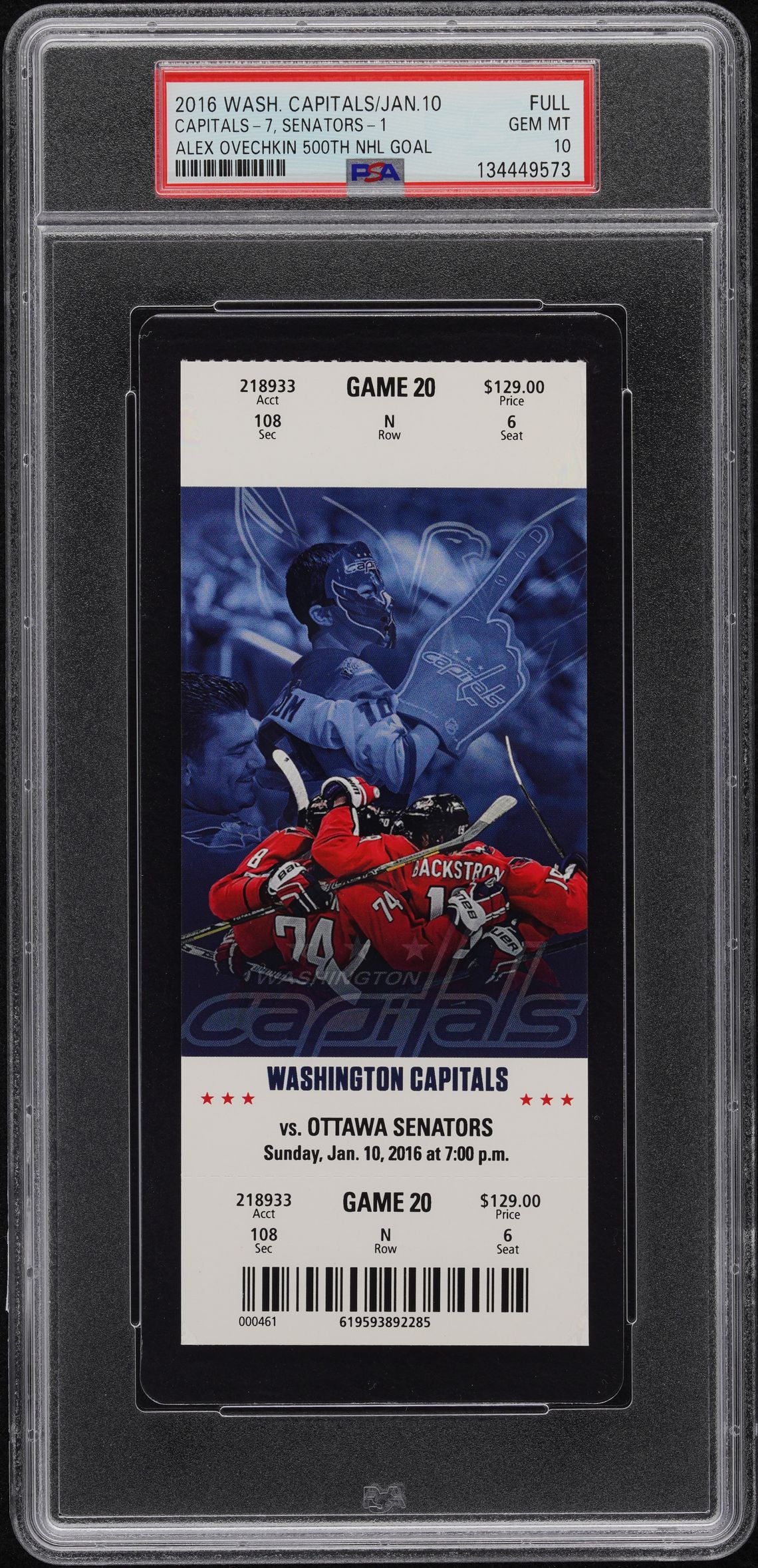 Alex Ovechkin 500th Goal Ticket, PSA 10! POP 17 Washington Capitals