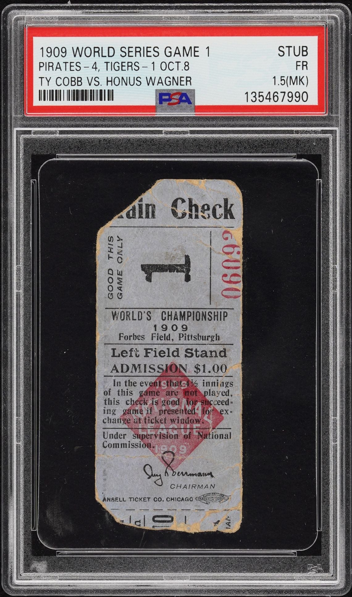 1909 World Series Game 1 Ticket Tigers vs. Pirates, Ty Cobb and Honus Wagner first ever matchup!