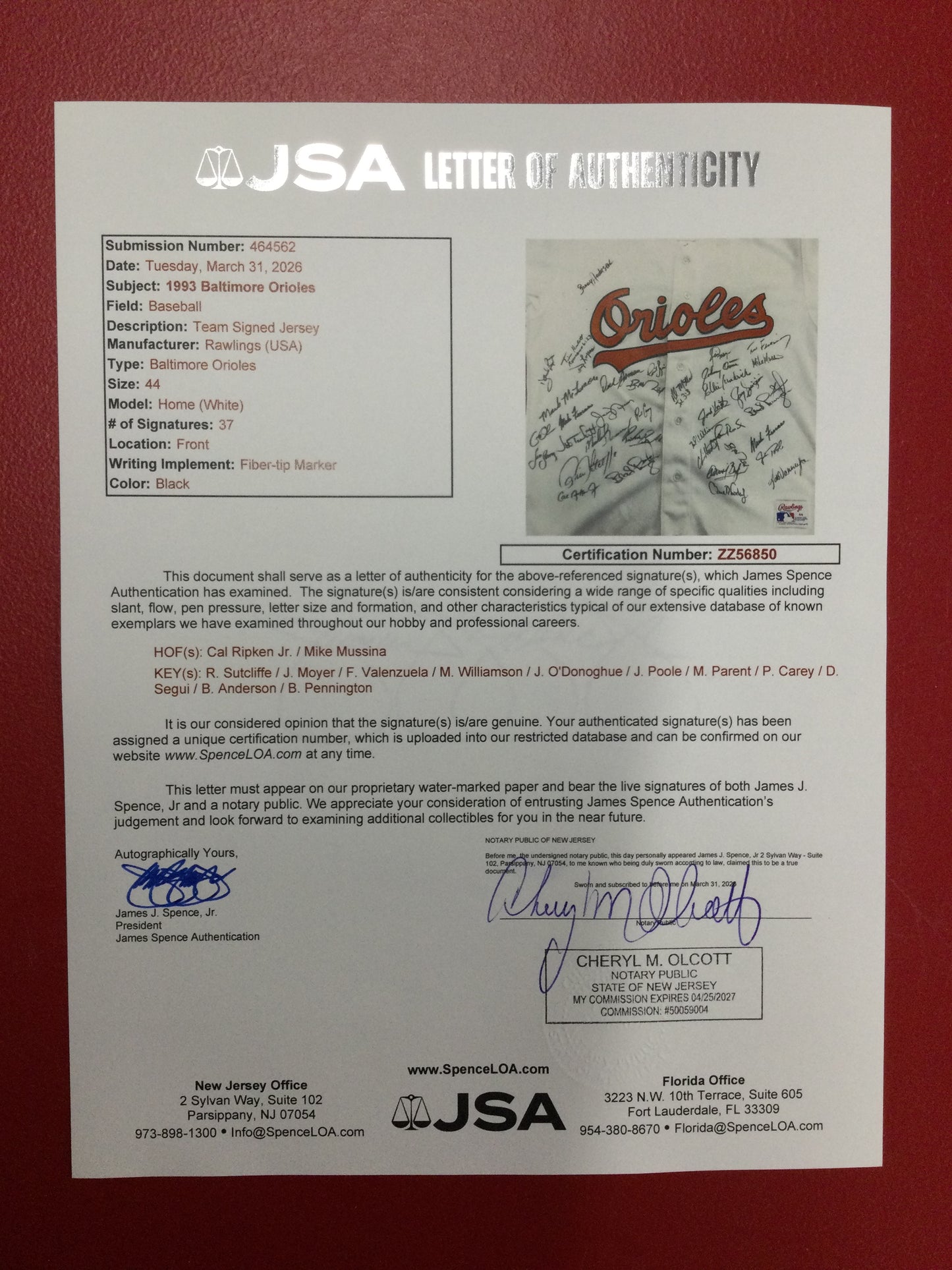 Baltimore Orioles 1993 Team Signed Jersey 37 Autos! Cal Ripken Jr, Mussina, Fernado Valenzuela++