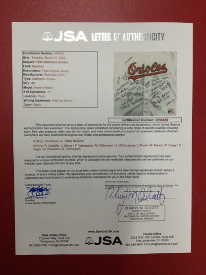 Baltimore Orioles 1993 Team Signed Jersey 37 Autos! Cal Ripken Jr, Mussina, Fernado Valenzuela++