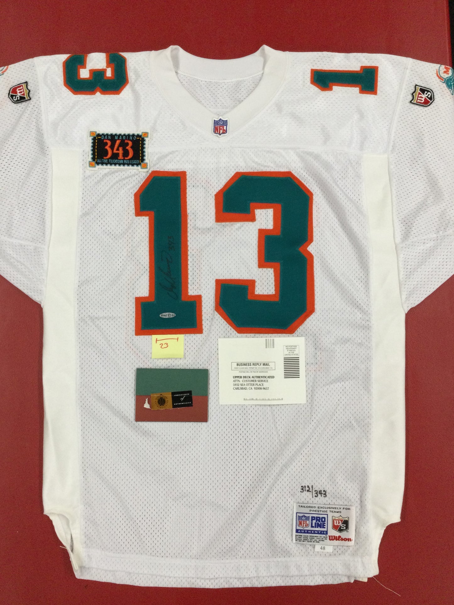 Dan Marino Signed White Authentic Jersey Upper Deck COA Vintage Hand Numbered 312/343 Dolphins