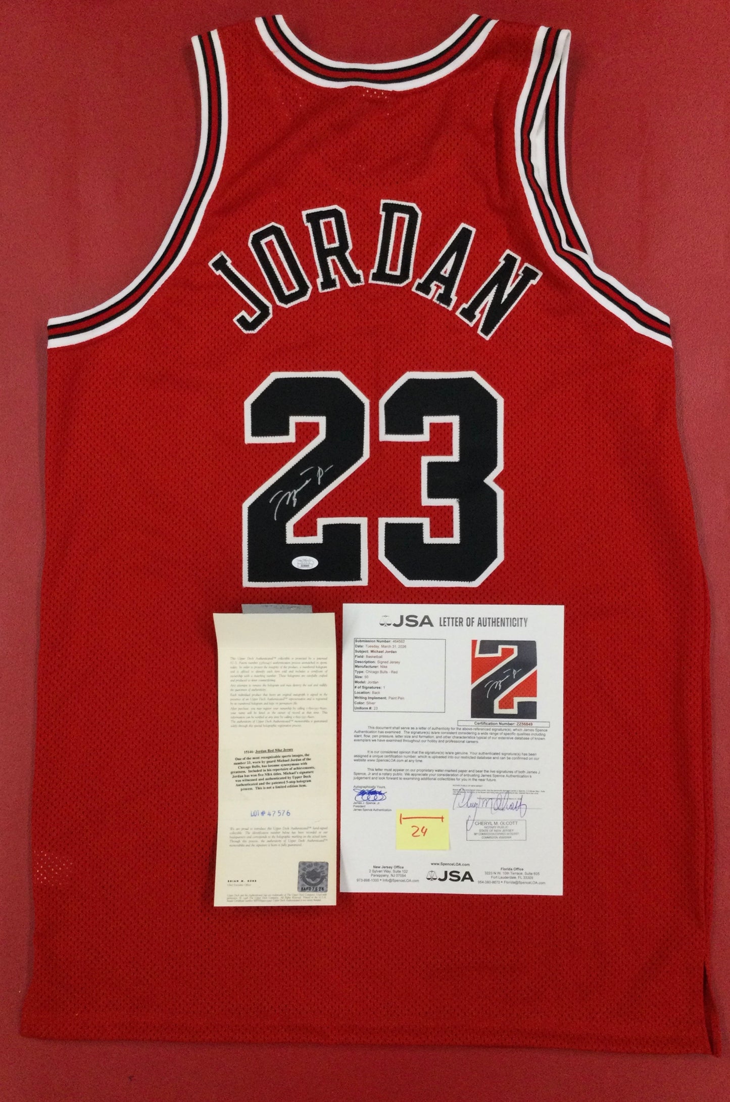 Michael Jordan SIGNED Red Jersey Both UDA and JSA Certified Chicago Bulls HOF
