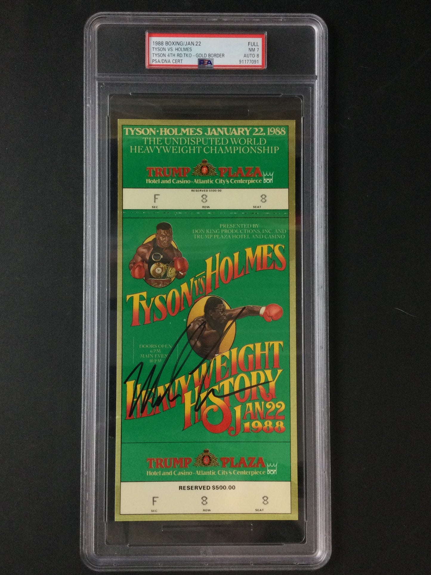 Mike Tyson vs. Larry Holmes Gold Border Full Ticket, Signed by Tyson PSA 7, 1988 Boxing RARE