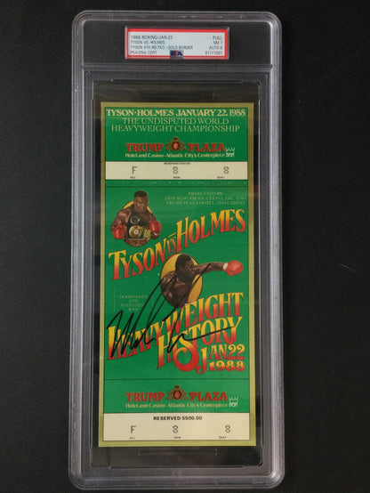 Mike Tyson vs. Larry Holmes Gold Border Full Ticket, Signed by Tyson PSA 7, 1988 Boxing RARE