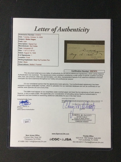 Walter Hagen SIGNED cut timestamped 8-13-38 in vintage Golf Frame HOF (d.1969) JSA LOA