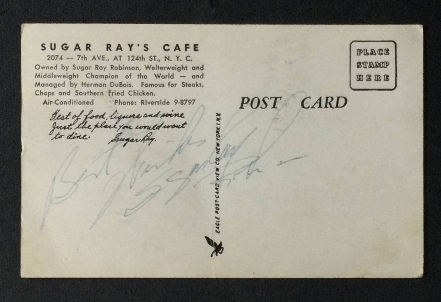 Sugar Ray Robinson Original 1950's Restaurant Postcard SIGNED JSA LOA BOXING HOF