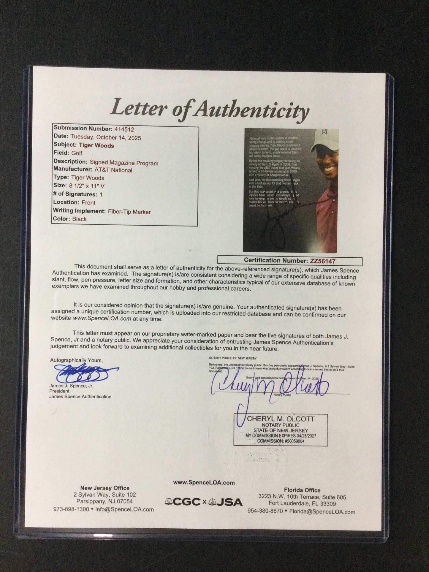 Tiger Woods SIGNED AT&T National Program in 2011 JSA LOA Golf