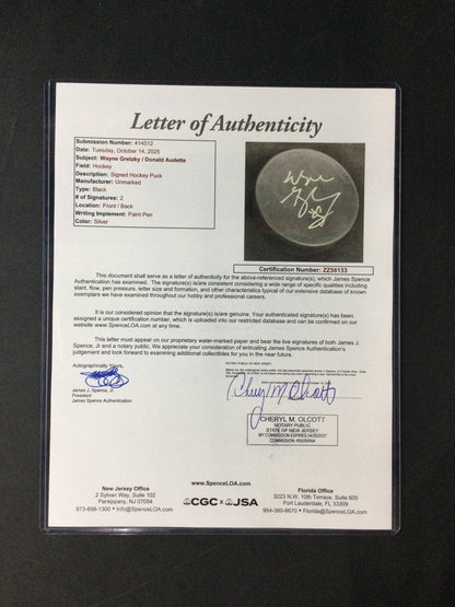 Wayne Gretzky Signed Hockey Puck with JSA LOA certified Auto Oilers/Kings/Rangers