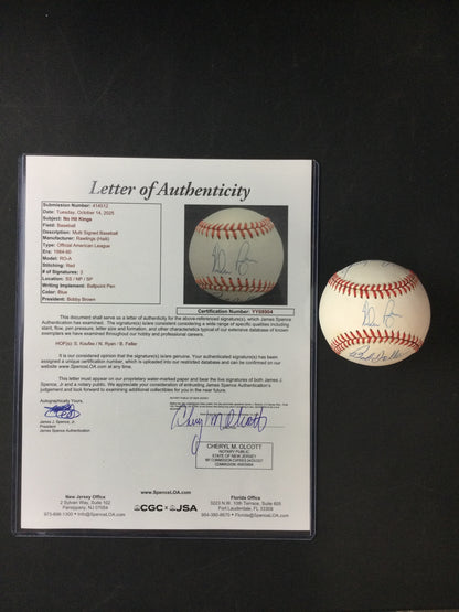 No Hit Kings SIGNED Baseball Sandy Koufax, Nolan Ryan, Bob Feller JSA LOA