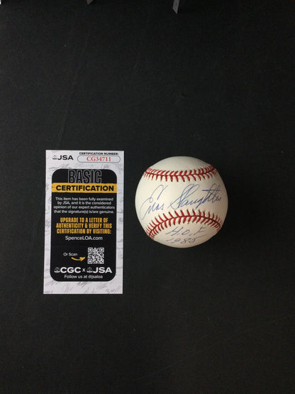 Enos Slaughter SIGNED Baseball St. Louis Cardinals w/Rare "HOF 1985" JSA Certified