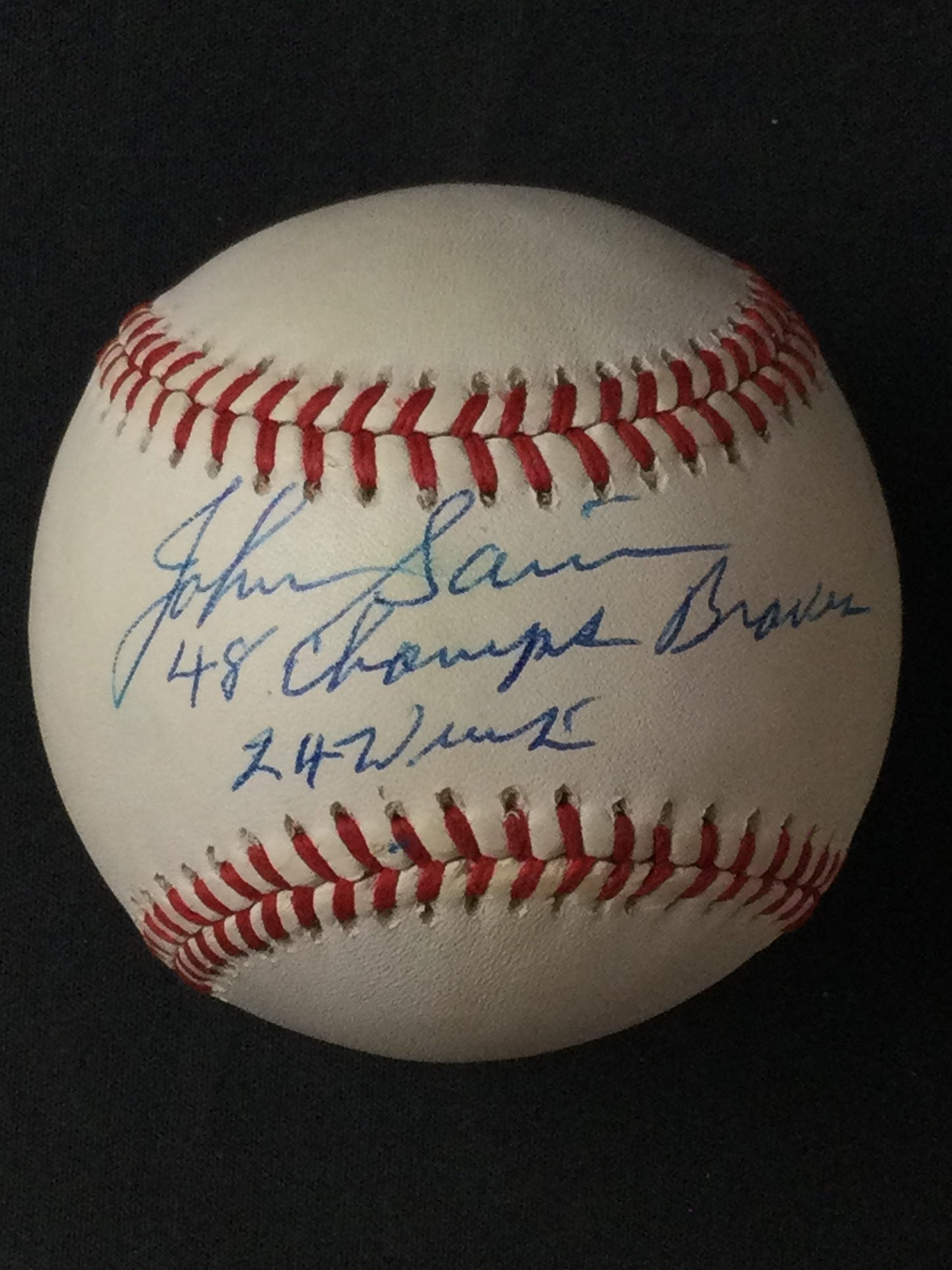 Johnny Sain SIGNED Baseball "48 Champs Braves, 24 Wins" JSA Certified