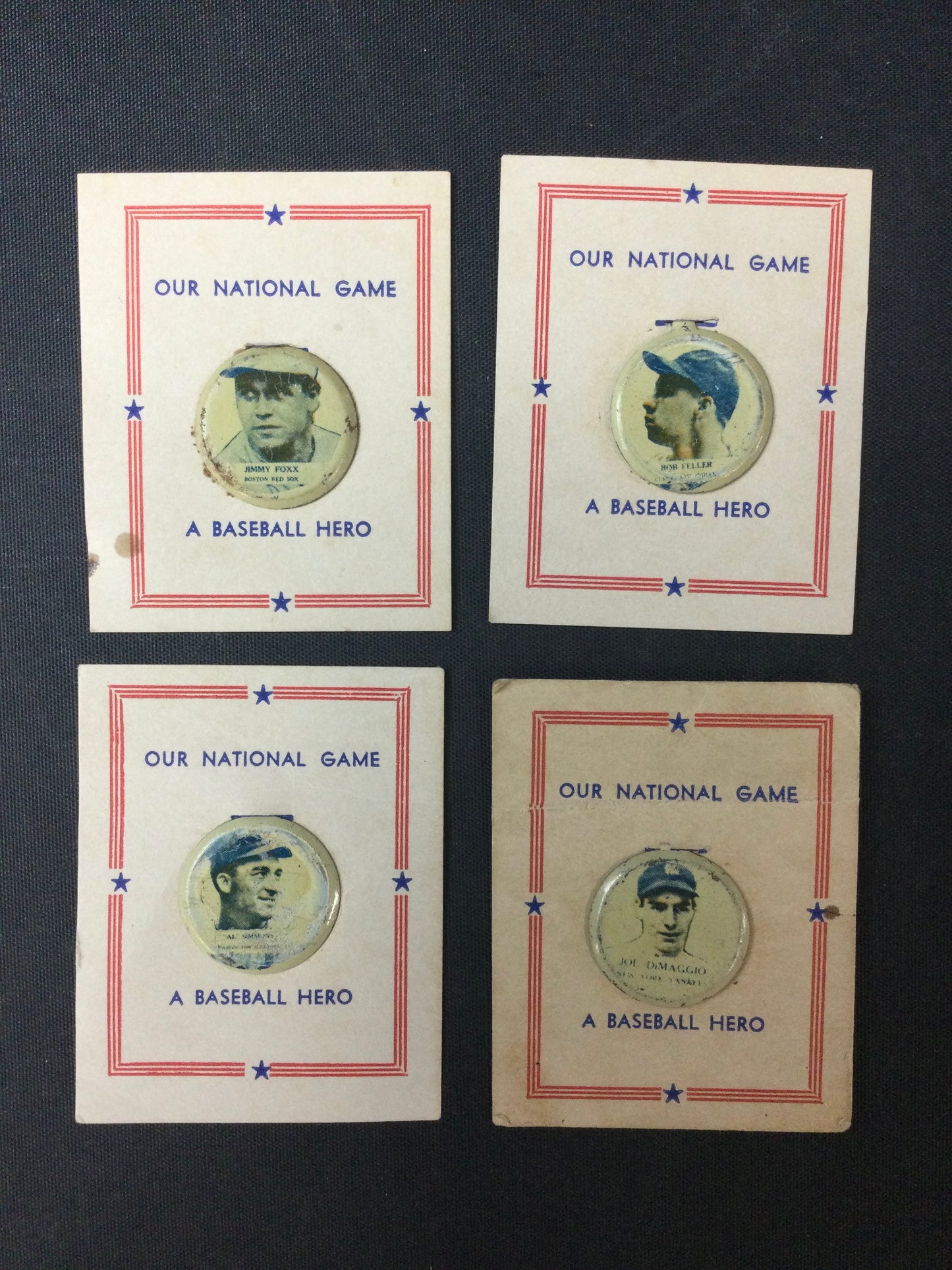 Our National Game 1938 PM8 4-Pin Lot Joe DiMaggio, Bob Feller, Jimmie Foxx, Al Simmons Yankees & More