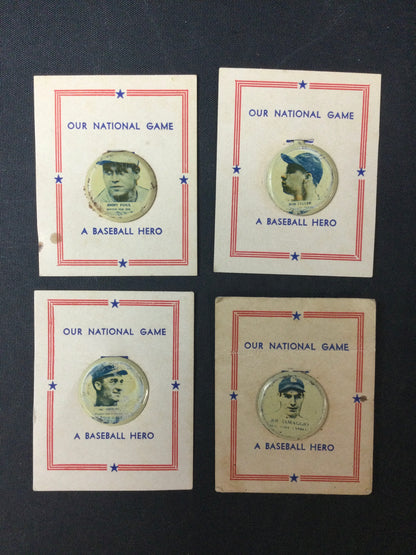Our National Game 1938 PM8 4-Pin Lot Joe DiMaggio, Bob Feller, Jimmie Foxx, Al Simmons Yankees & More