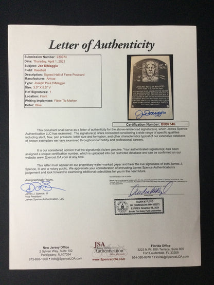 Joe DiMaggio Type 2 Hall of Fame Plaque Autograph JSA LOA New York Yankees