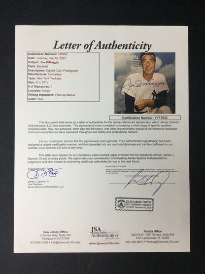 Joe DiMaggio 8x10 Photo Autograph JSA LOA New York Yankees HOF