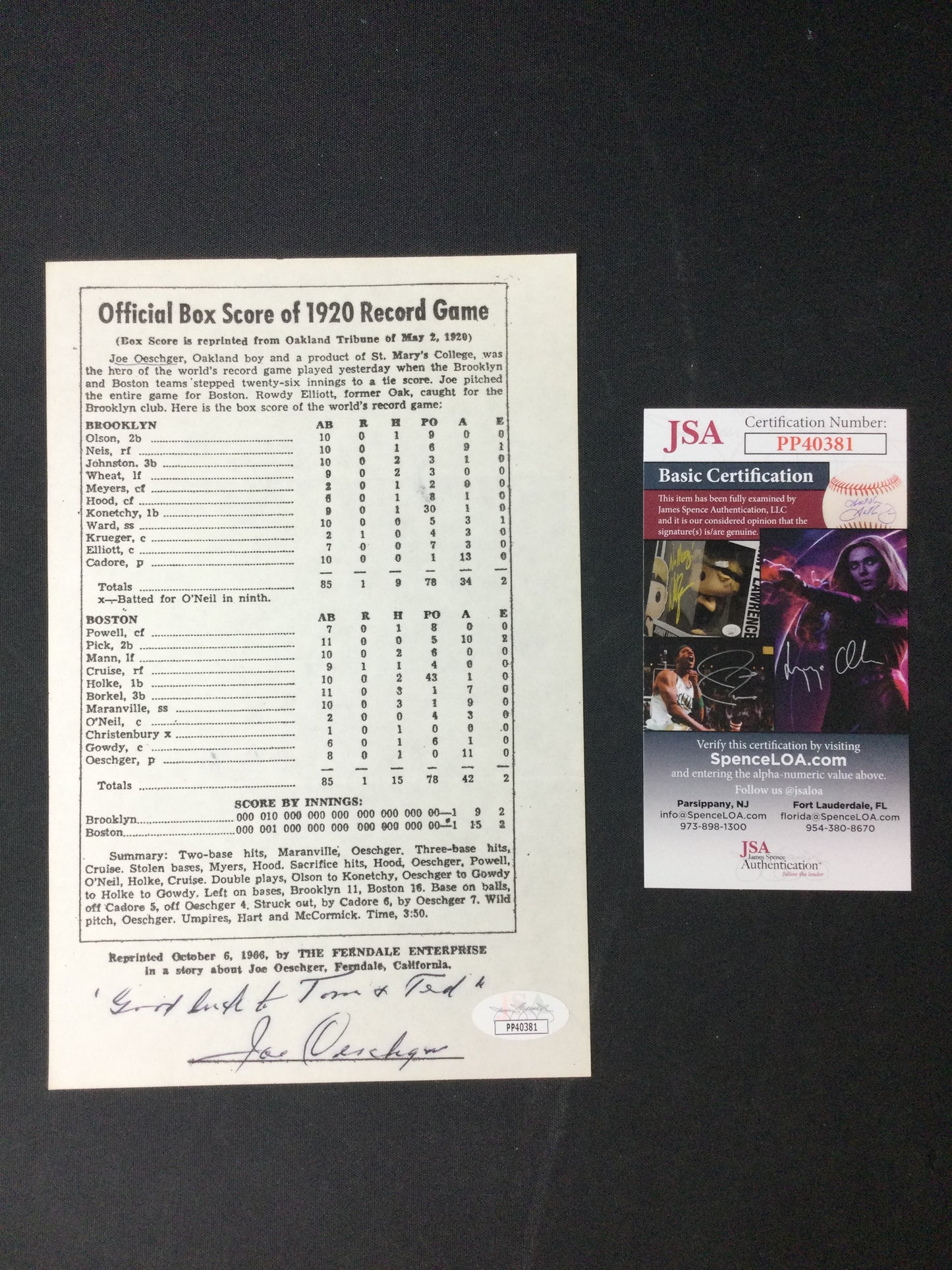 Brooklyn Robins & Boston Braves 1920 longest game ever box score Signed by pitcher Joe Oeschger