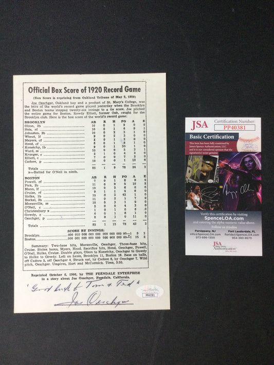 Brooklyn Robins & Boston Braves 1920 longest game ever box score Signed by pitcher Joe Oeschger