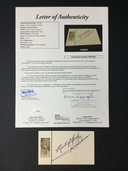 Jesse Owens Olympic Track Star/Ohio State Signed index Card (d.1980) JSA LOA