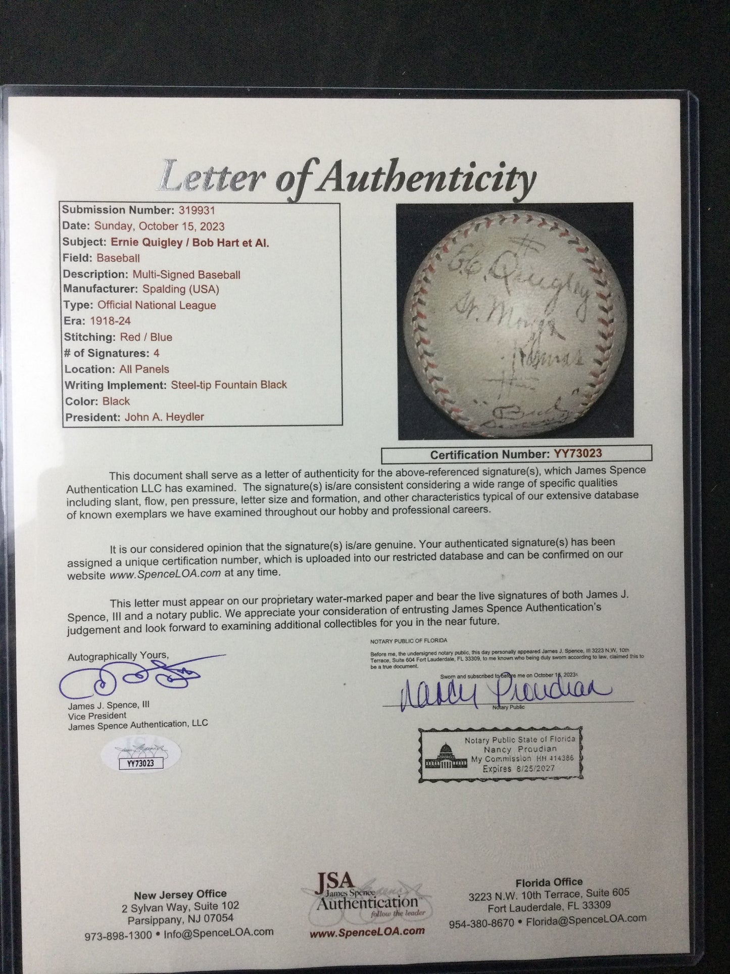 1924 Signed Game Used Umpire Spalding Baseball Ernie Quigley HOF, Bob Hart (d.1937) Bud Sweeney Debut