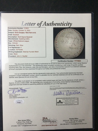 1924 Signed Game Used Umpire Spalding Baseball Ernie Quigley HOF, Bob Hart (d.1937) Bud Sweeney Debut