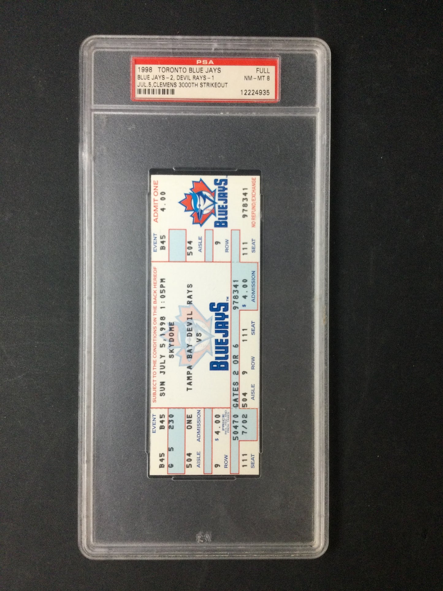 Roger Clemens 3,000 Strikeout Ticket 1998 Blue Jays Game PSA 8