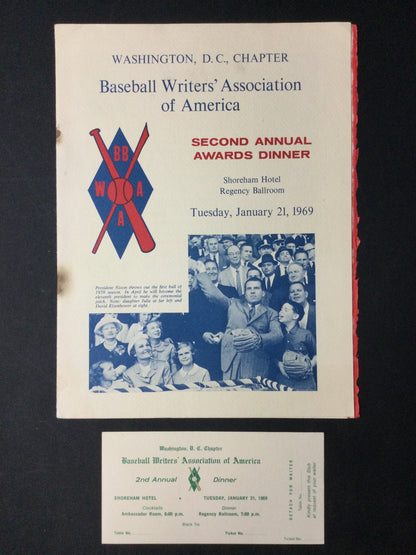 Baseball Writer's Association 2nd annual 1969 Dinner Program and Ticket Mickey Mantle/Rose