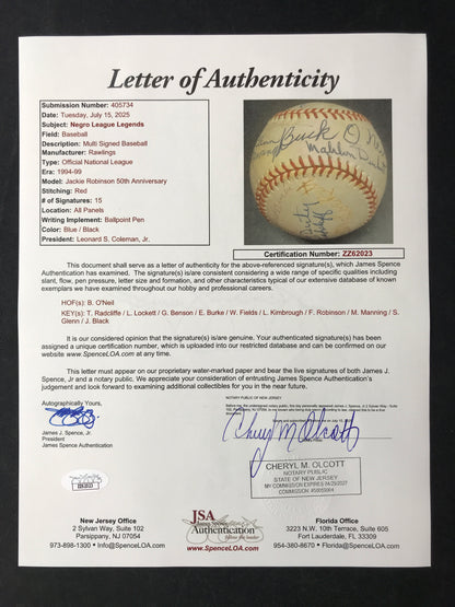 Negro League Legends Signed 50th Jackie Robinson Annv Baseball, 15 Autos with Buck O'NeilJSA LOA