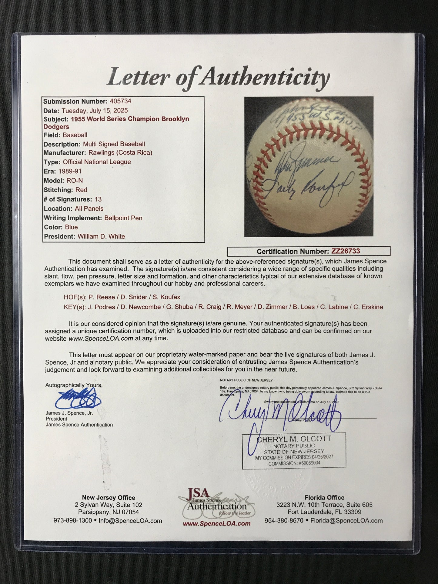 1955 Brooklyn Dodgers Team Signed Baseball Sandy Koufax, Duke, Pee Wee 13 Autographs JSA LOA