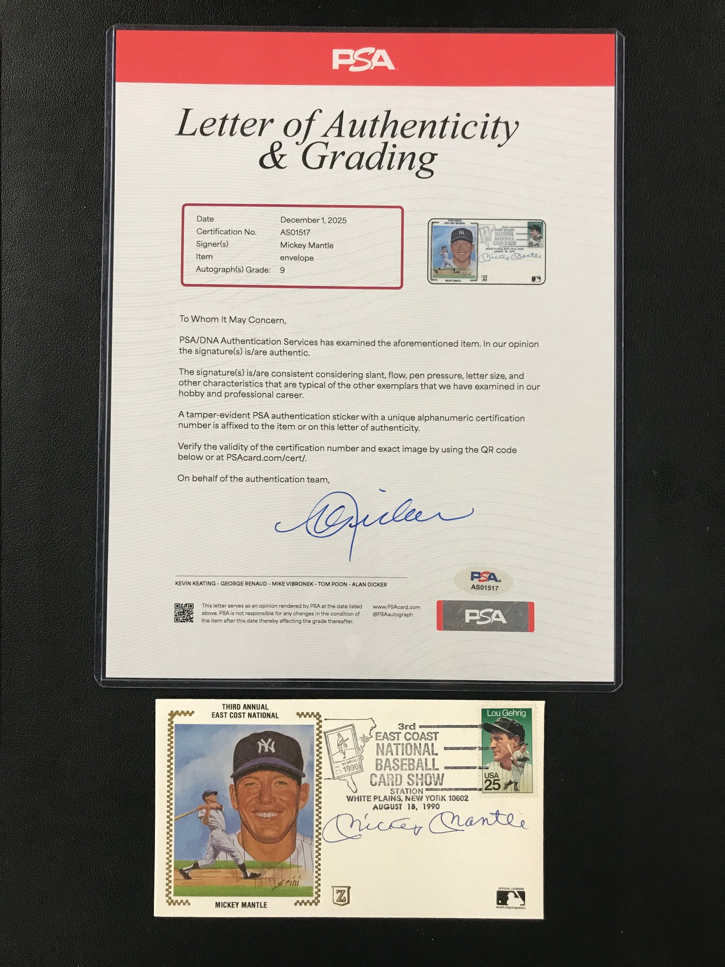Mickey Mantle SIGNED First Day Cover East Coast Card Show PSA/DNA 9 Graded Auto Yankees