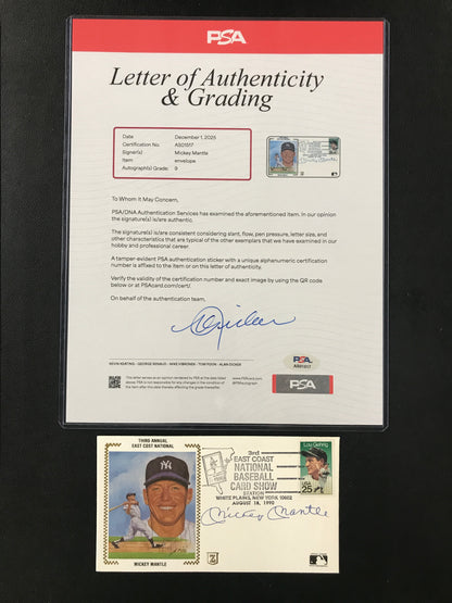 Mickey Mantle SIGNED First Day Cover East Coast Card Show PSA/DNA 9 Graded Auto Yankees