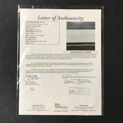 Casey Stengel signed cut with Photo, Professionally Framed JSA LOA New York Yankees HOF