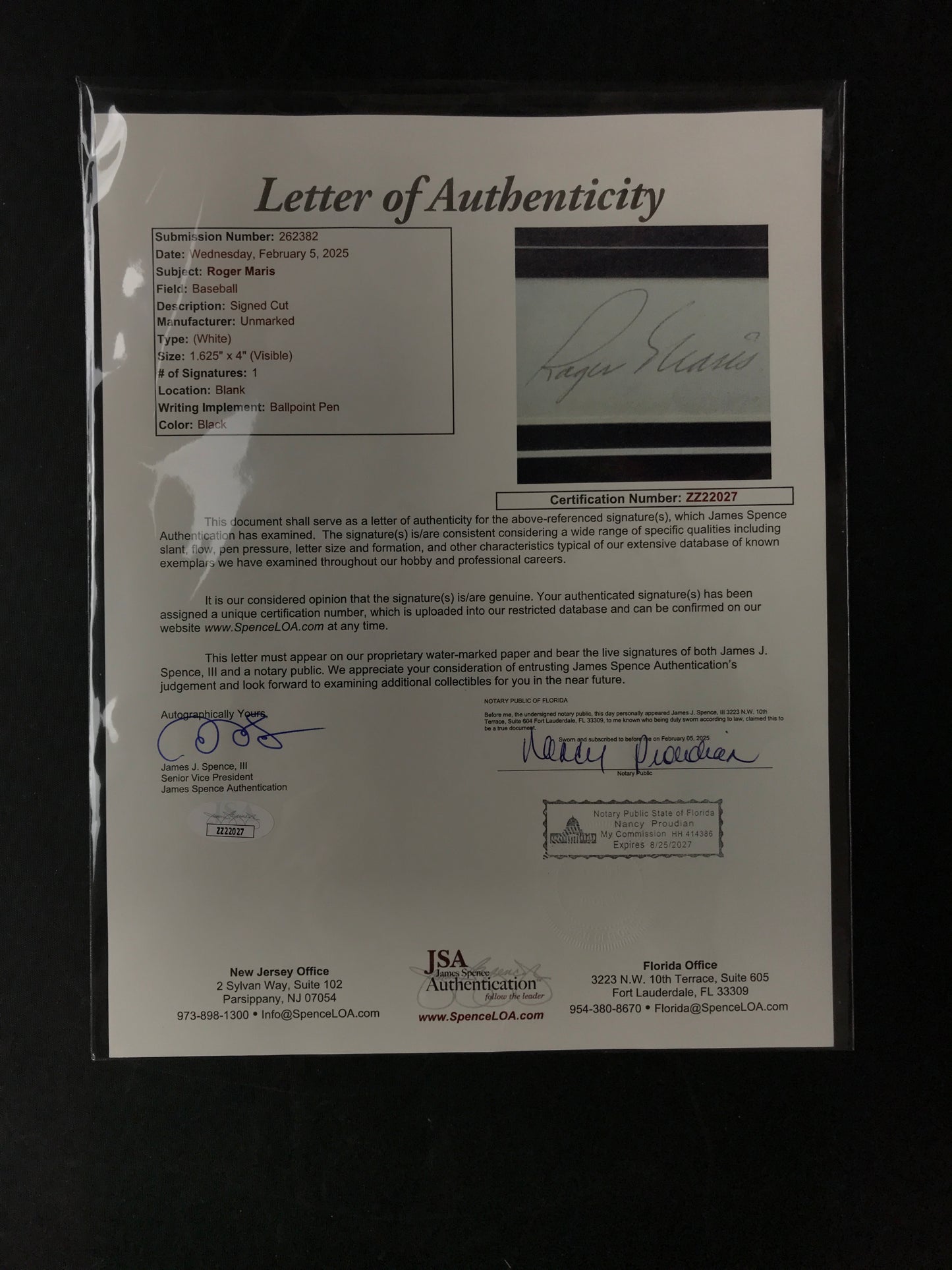 Roger Maris Signed cut with Photo, Professionally Framed with JSA LOA RARE