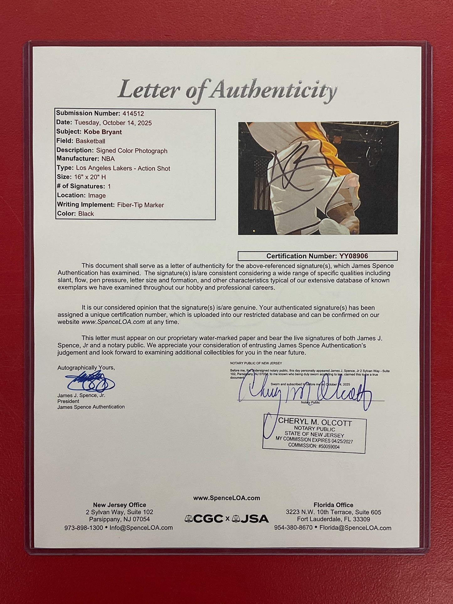 Kobe Bryant 16x20 SIGNED PHOTO Newly Matted & Framed JSA LOA Certified L.A. Lakers