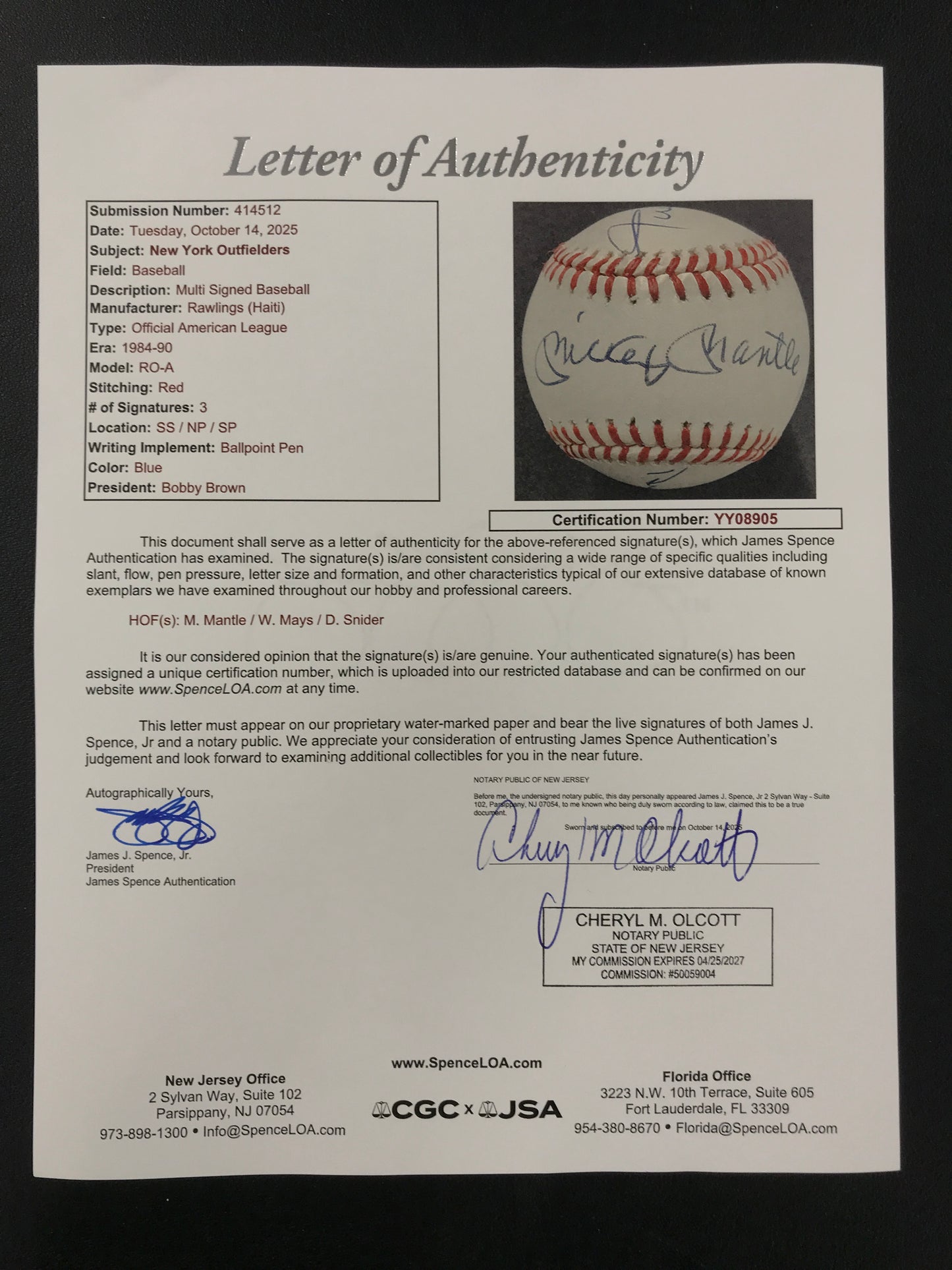 New York Centerfielders SIGNED Baseball Mickey Mantle, Willie Mays & Duke Snider Baseball JSA LOA
