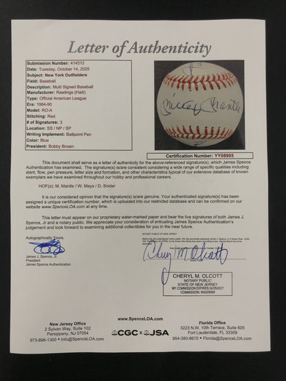 New York Centerfielders SIGNED Baseball Mickey Mantle, Willie Mays & Duke Snider Baseball JSA LOA