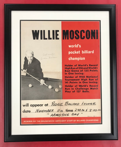 Willie Mosconi Early 1950's 17x20 SIGNED color appearance poster at Ridge Billiard Lounge JSA