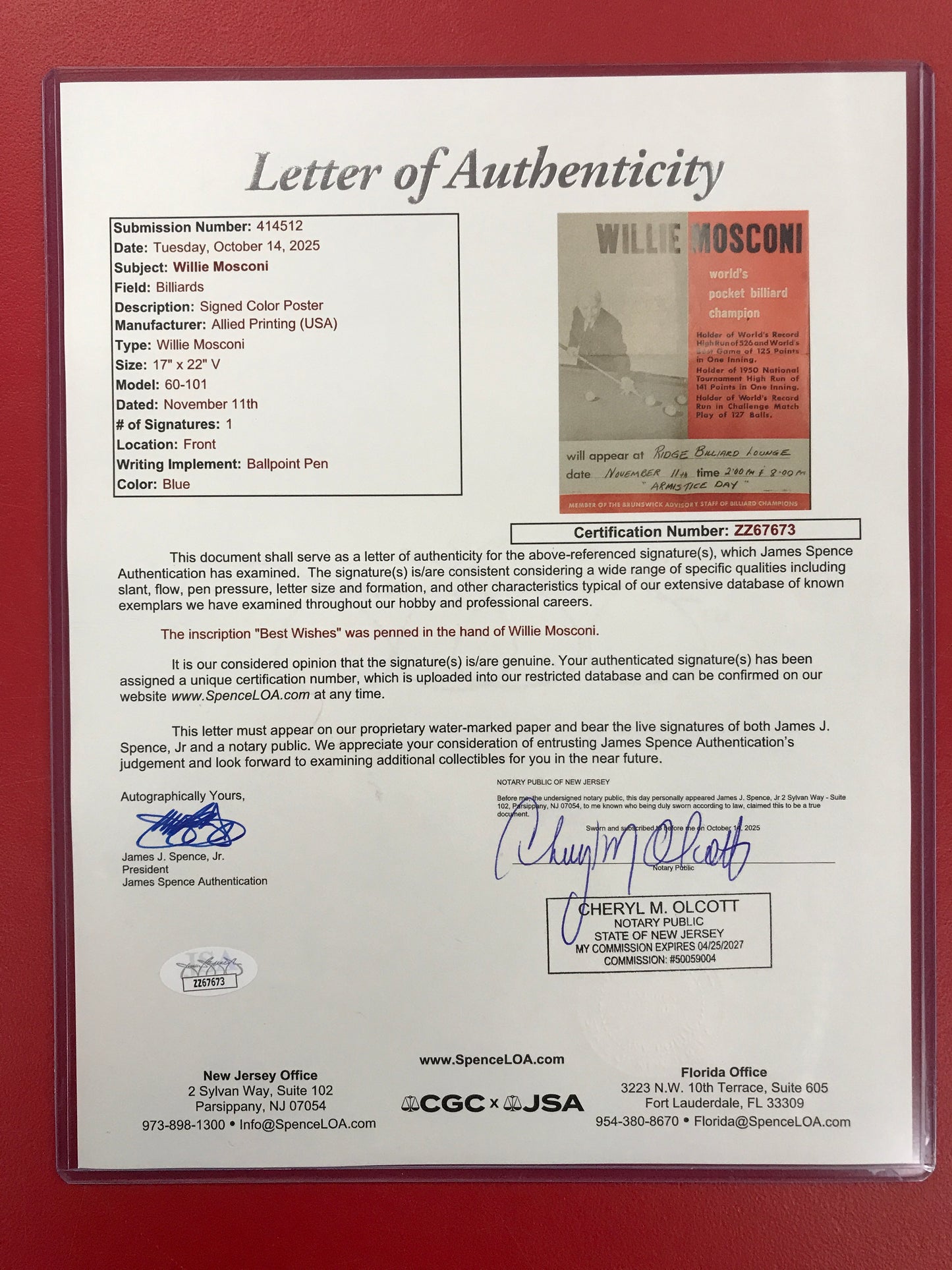 Willie Mosconi Early 1950's 17x20 SIGNED color appearance poster at Ridge Billiard Lounge JSA