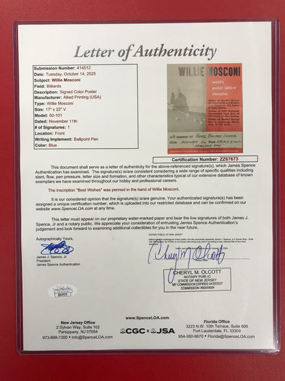 Willie Mosconi Early 1950's 17x20 SIGNED color appearance poster at Ridge Billiard Lounge JSA