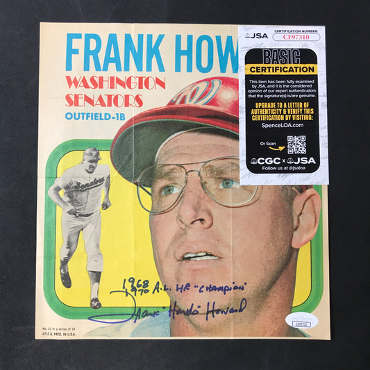 Frank 'Hondo' Howard 1970 Topps Poster SIGNED 1968, 1970 A.L. Homerun Champ" JSA