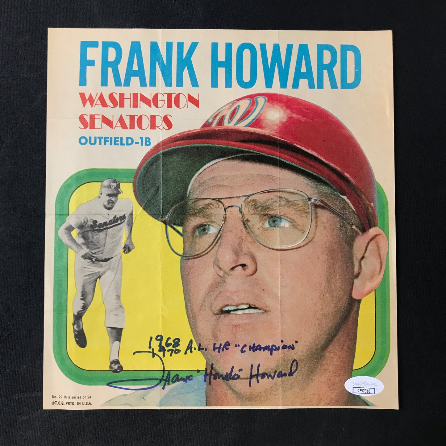 Frank 'Hondo' Howard 1970 Topps Poster SIGNED 1968, 1970 A.L. Homerun Champ" JSA